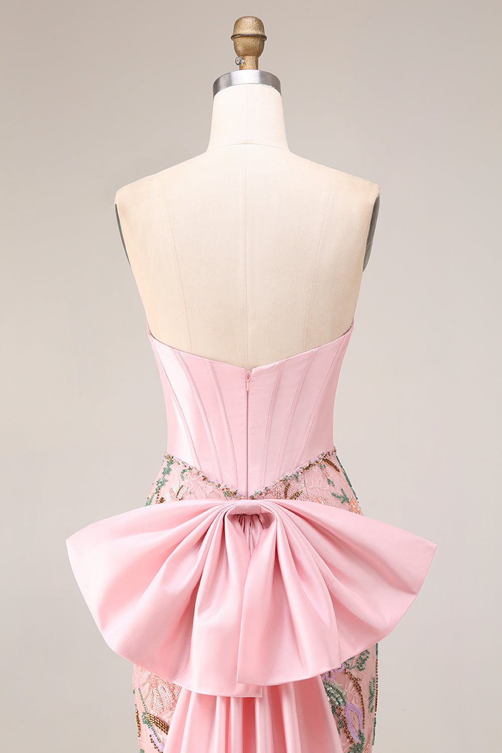 Strapless Corset Floral Pink Mermaid Beaded Prom Dress - Image 9