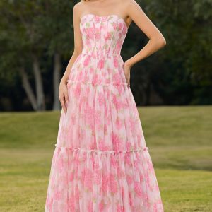 Strapless Floral Pink A Line Corset Prom Dress