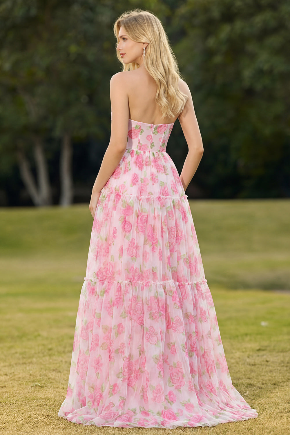 Strapless Floral Pink A Line Corset Prom Dress - Image 2