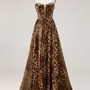Strapless Brown Leopard A-Line Corset Prom Dress With Slit