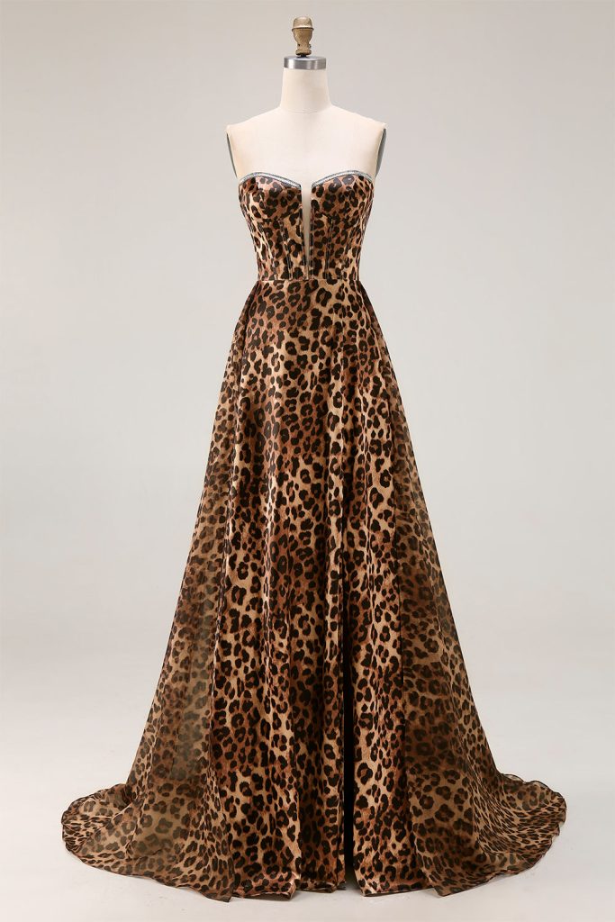 Strapless Brown Leopard A-Line Corset Prom Dress With Slit