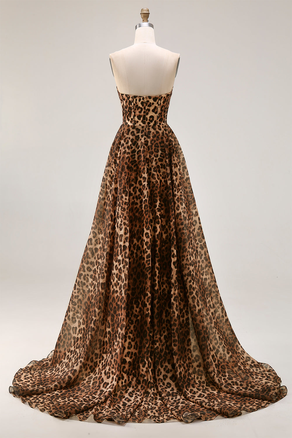 Strapless Brown Leopard A-Line Corset Prom Dress With Slit - Image 2
