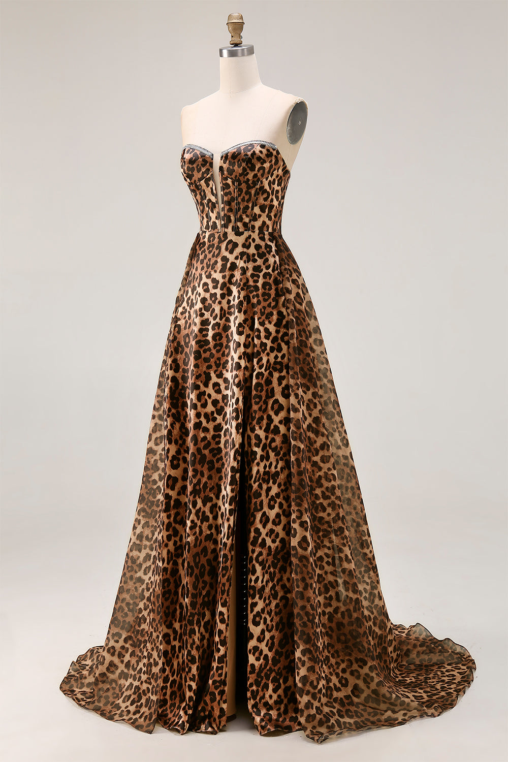 Strapless Brown Leopard A-Line Corset Prom Dress With Slit - Image 5