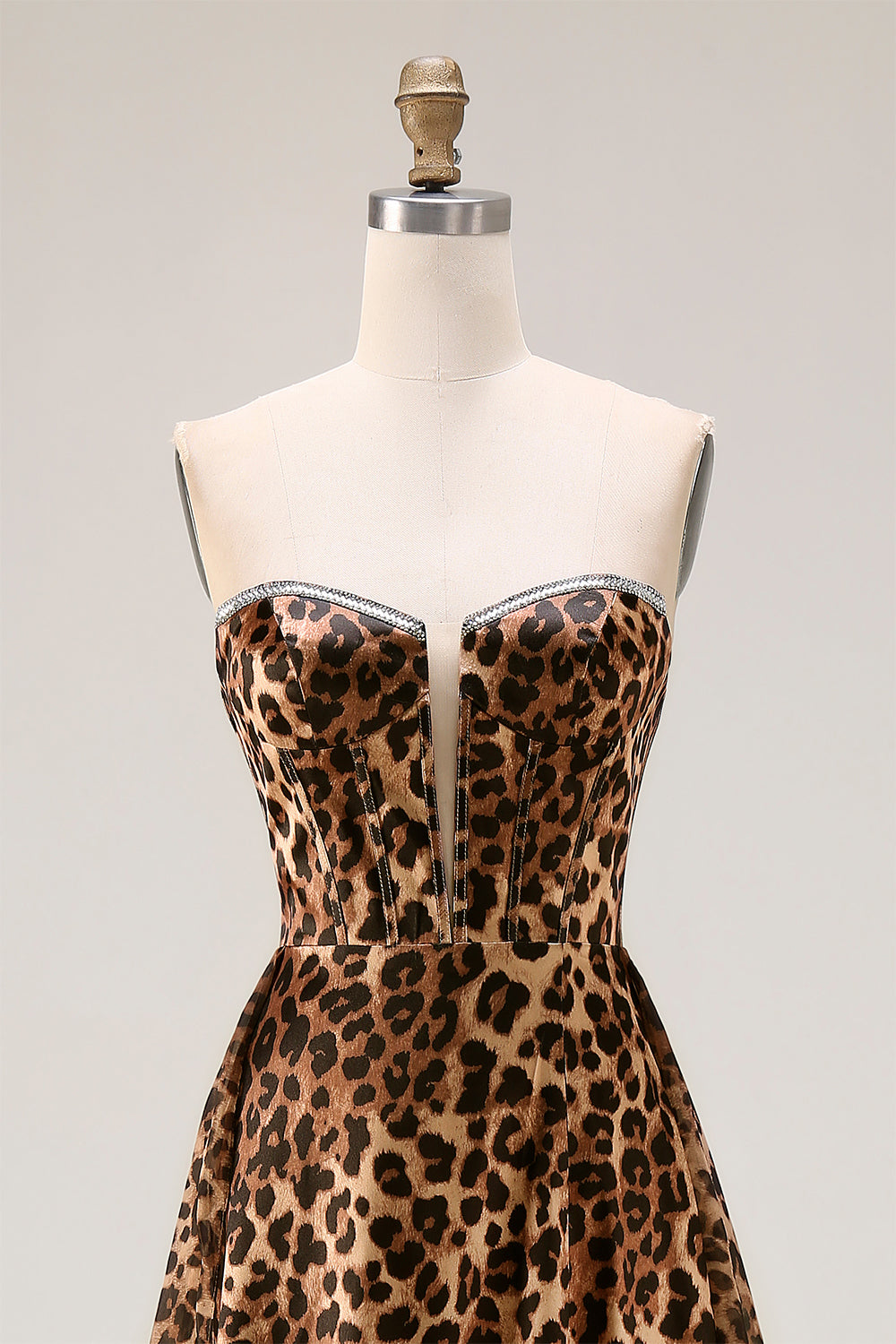 Strapless Brown Leopard A-Line Corset Prom Dress With Slit - Image 6