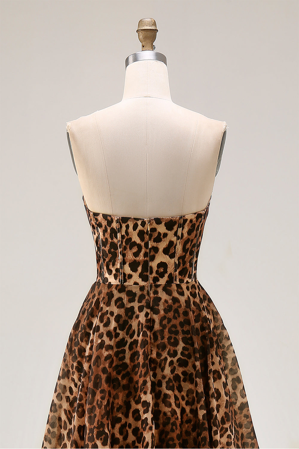 Strapless Brown Leopard A-Line Corset Prom Dress With Slit - Image 7