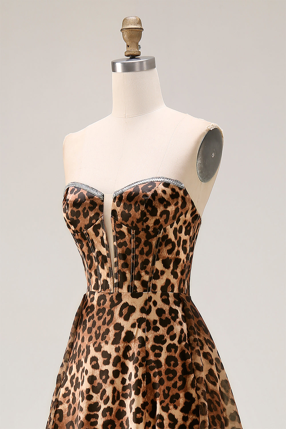 Strapless Brown Leopard A-Line Corset Prom Dress With Slit - Image 8