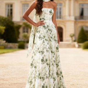 Strapless Green Print Flower A-Line Prom Dress