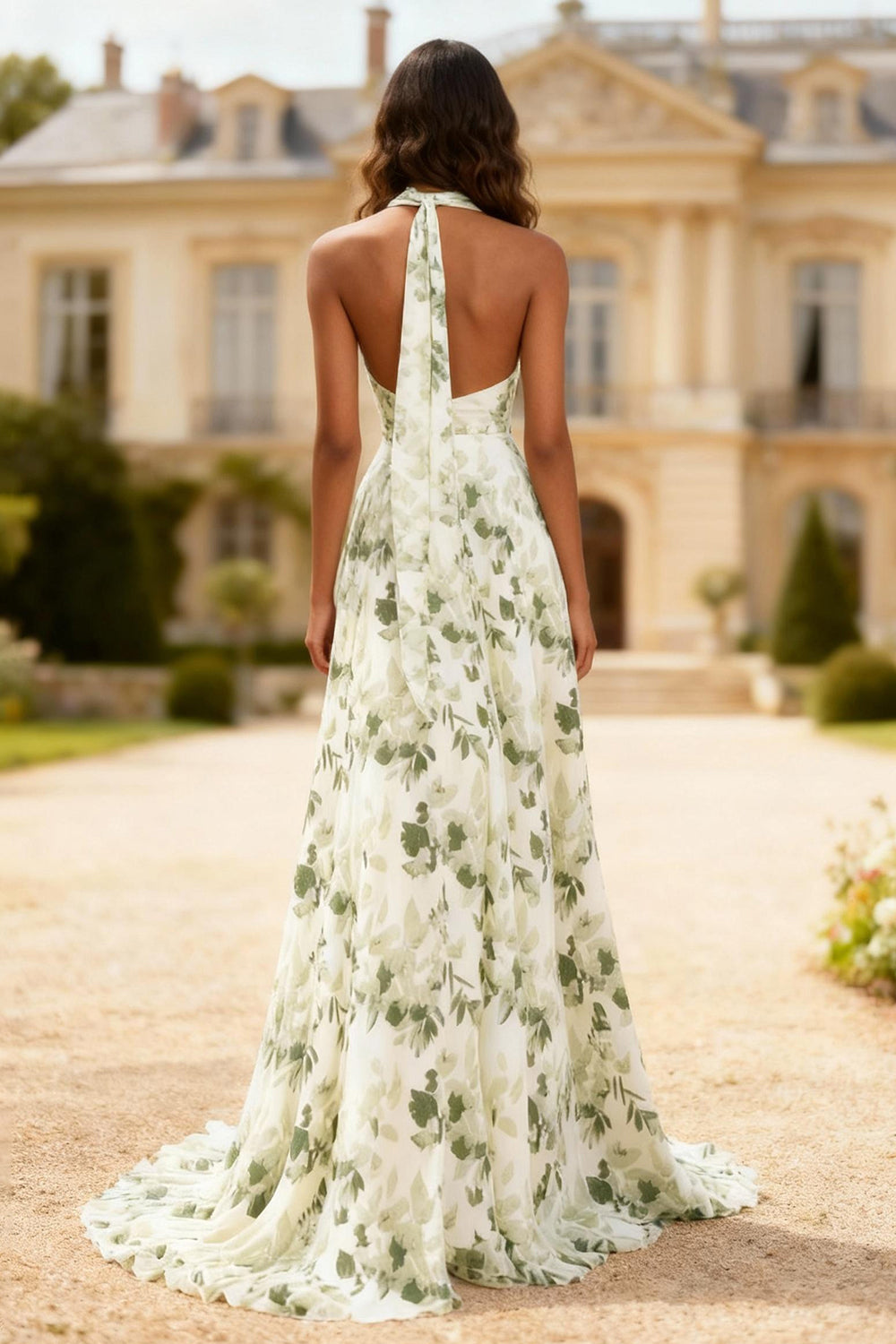 Strapless Green Print Flower A-Line Prom Dress - Image 2