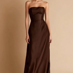 Strapless Coffee Satin Sheath Maxi Evening Dress