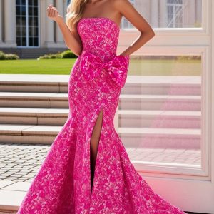 Strapless Fuchsia Flower Bowed Mermaid Prom Dress With Slit