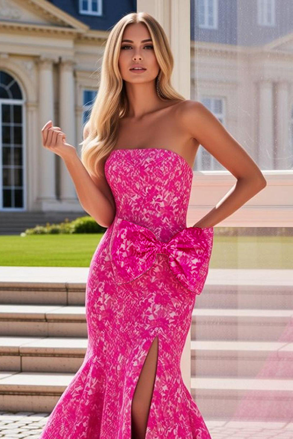 Strapless Fuchsia Flower Bowed Mermaid Prom Dress With Slit - Image 3