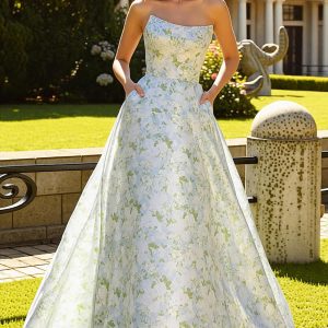 Strapless Blue White Flower A-Line Prom Dress With Pockets