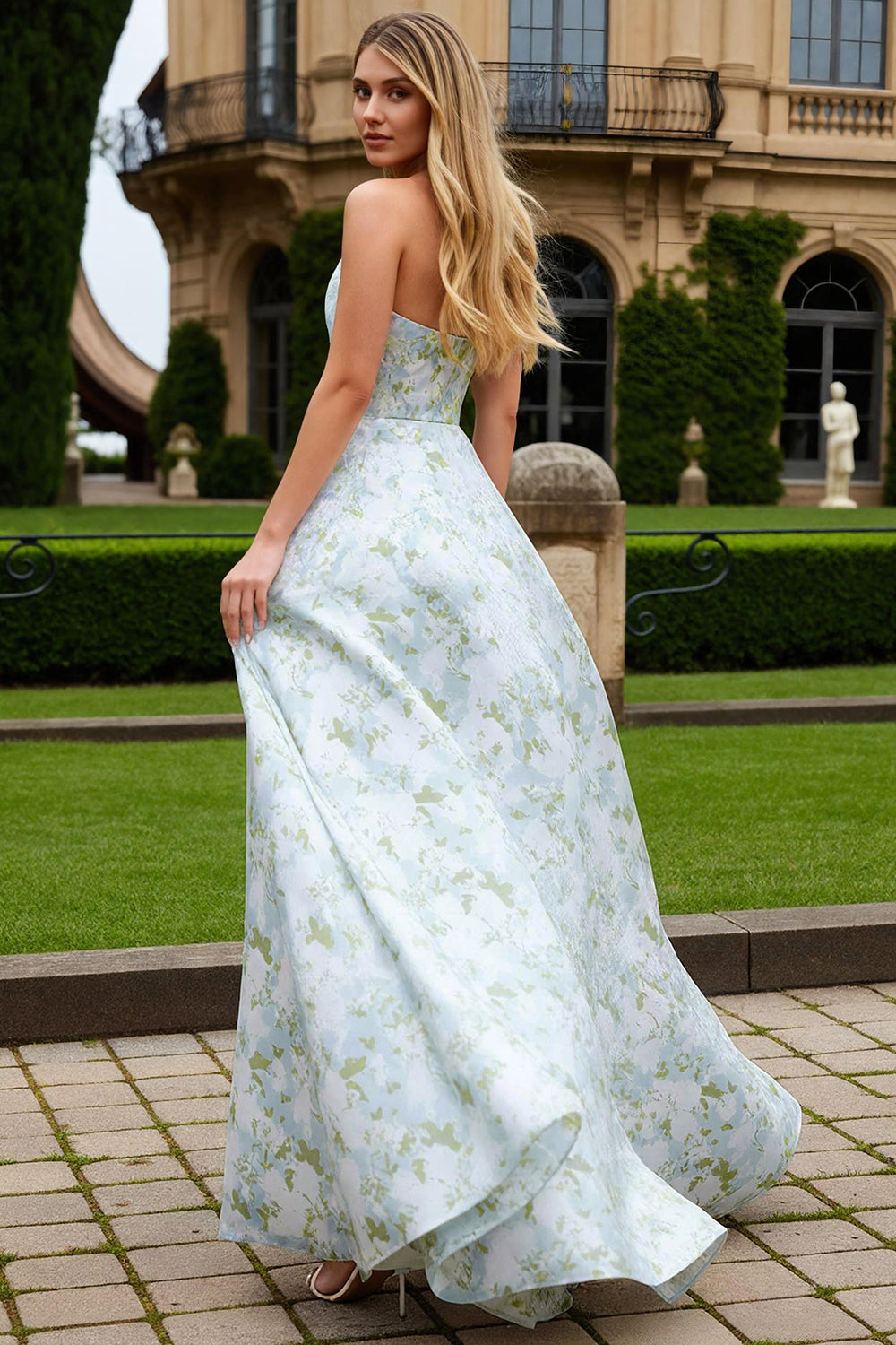 Strapless Blue White Flower A-Line Prom Dress With Pockets - Image 2