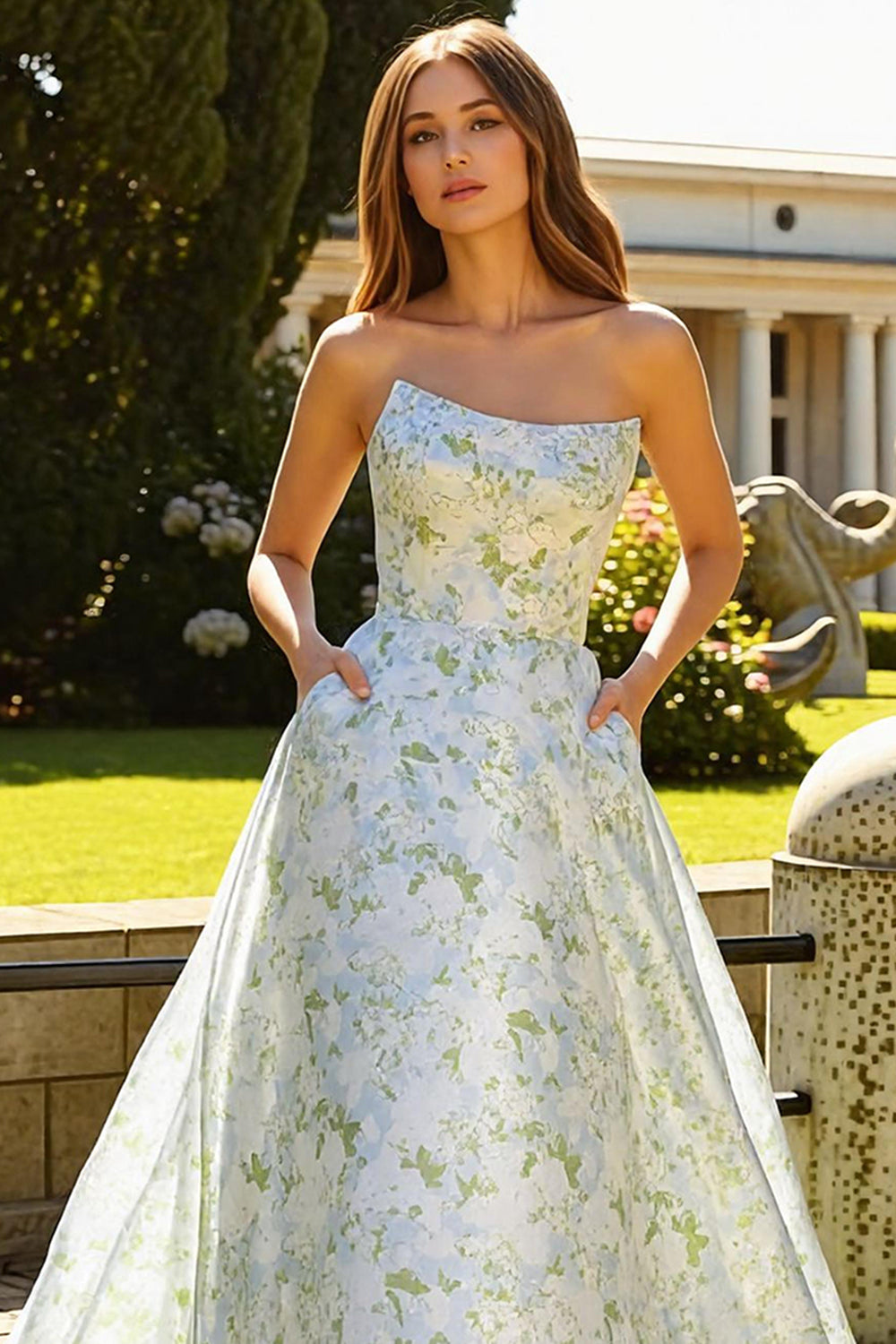Strapless Blue White Flower A-Line Prom Dress With Pockets - Image 3