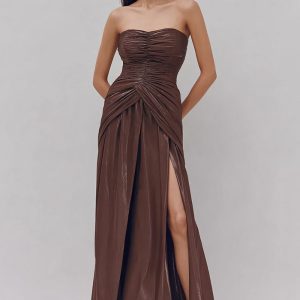 Strapless Coffee Ruched A-Line Formal Dress With Slit