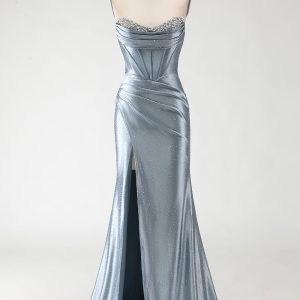Strapless Grey Blue Corset Beaded Mermaid Prom Dress With Slit