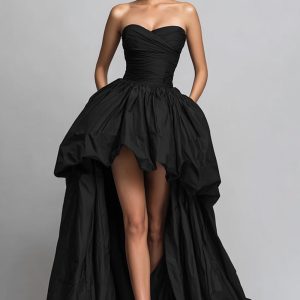 Strapless High Low Black Ruched Prom Dress