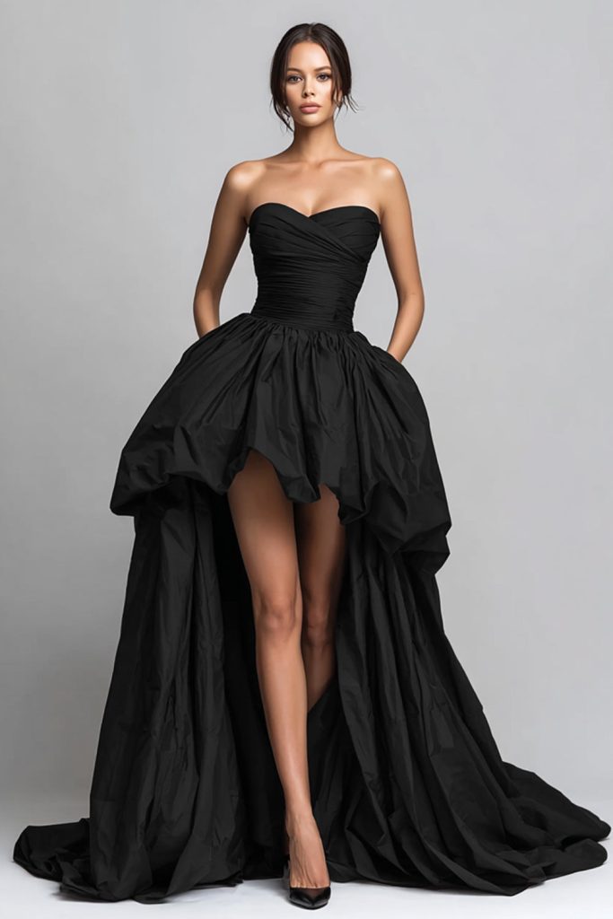 Strapless High Low Black Ruched Prom Dress