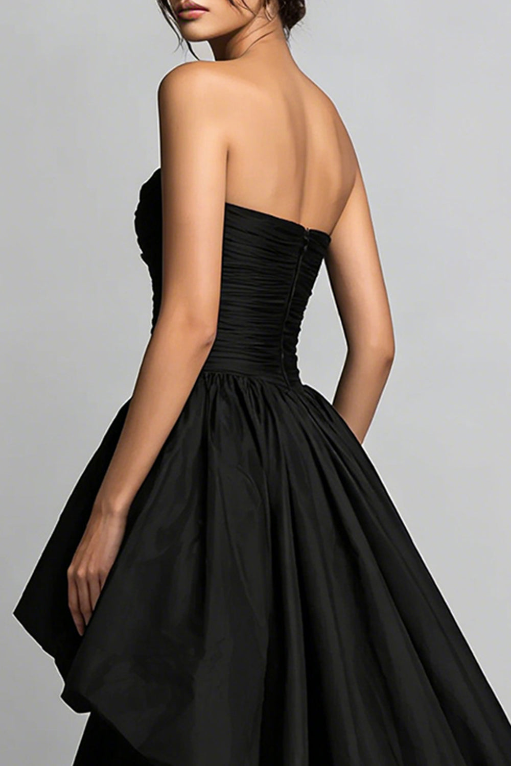 Strapless High Low Black Ruched Prom Dress - Image 4