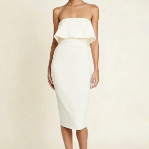 Strapless Bodycon Midi White Dress with Slit
