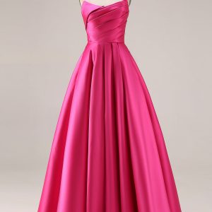 Strapless Fuchsia Satin Ruched A Line Prom Dress