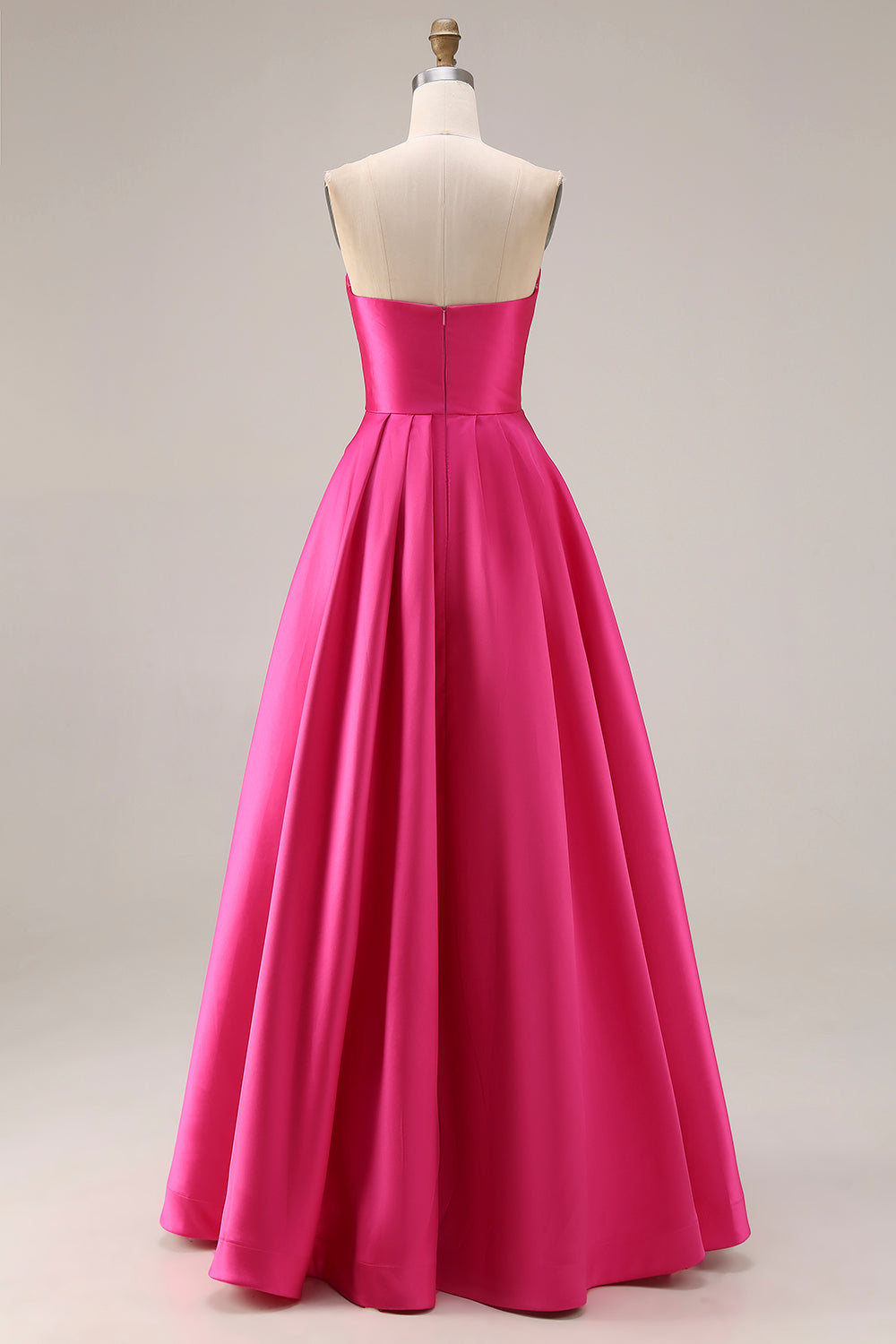 Strapless Fuchsia Satin Ruched A Line Prom Dress - Image 2