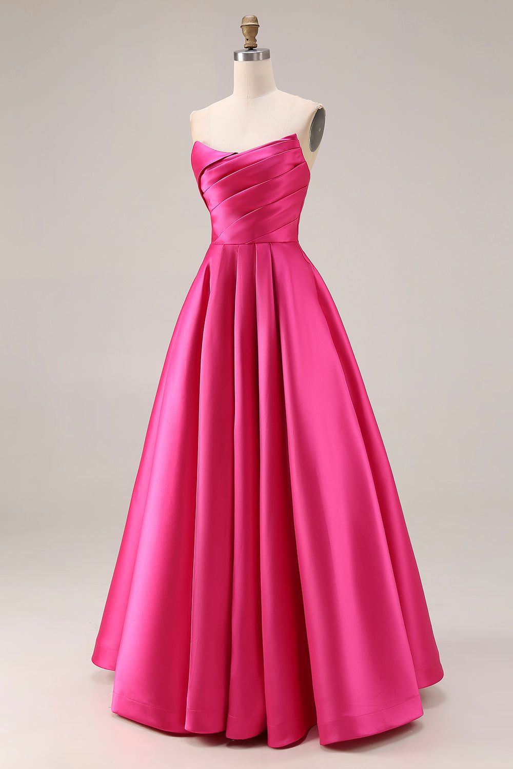 Strapless Fuchsia Satin Ruched A Line Prom Dress - Image 3