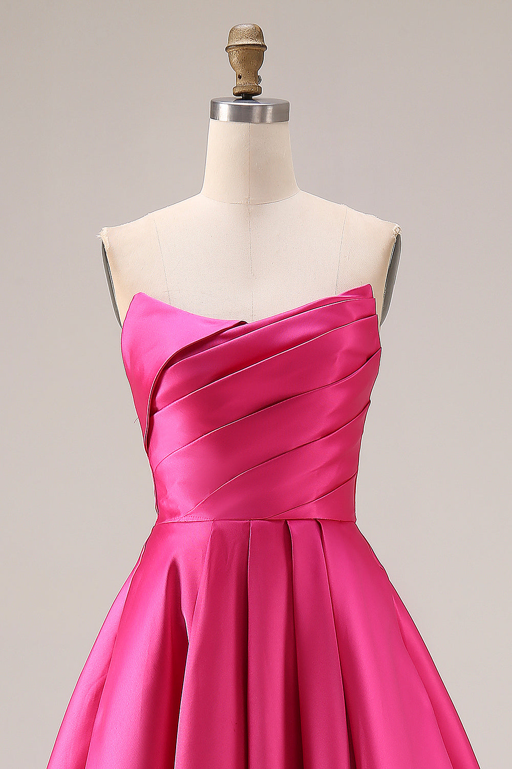Strapless Fuchsia Satin Ruched A Line Prom Dress - Image 4