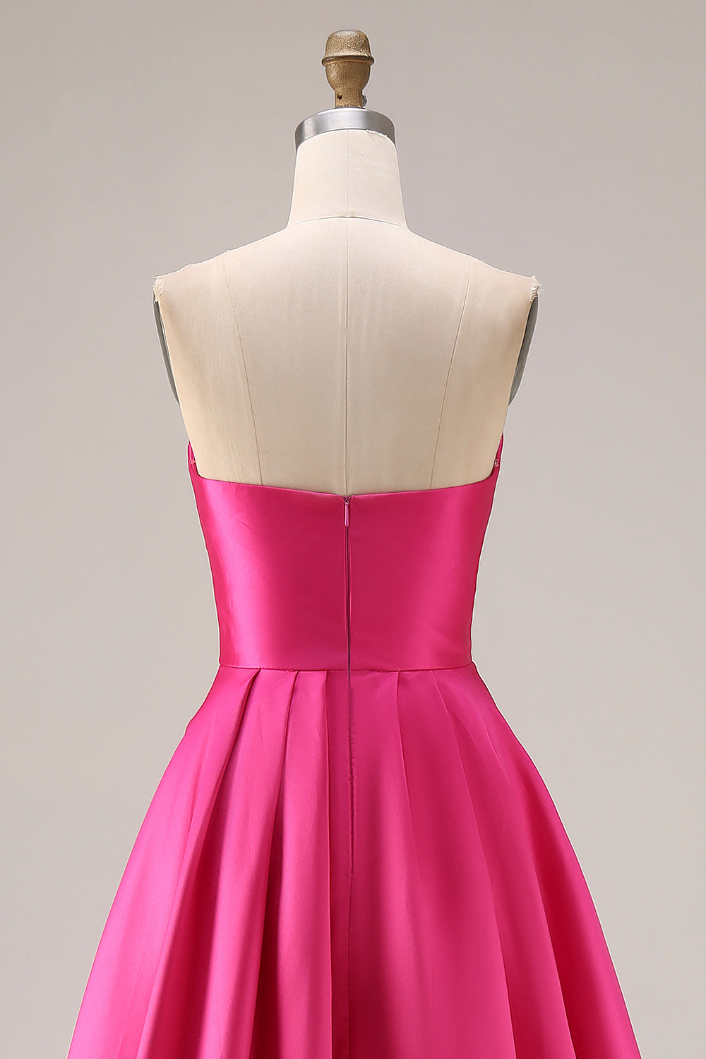 Strapless Fuchsia Satin Ruched A Line Prom Dress - Image 5