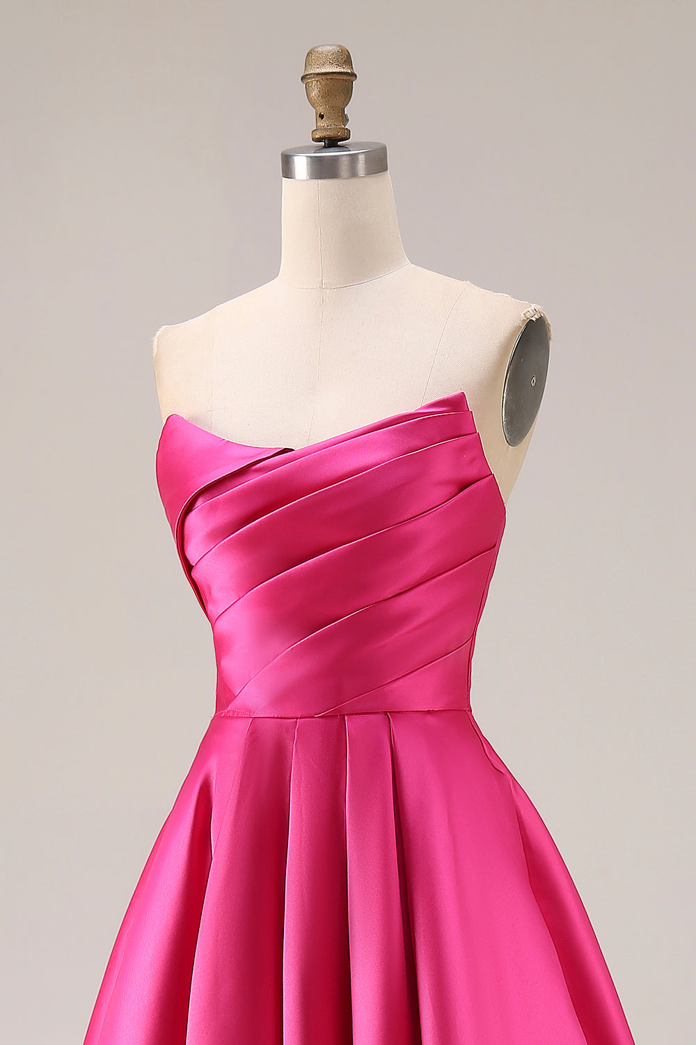 Strapless Fuchsia Satin Ruched A Line Prom Dress - Image 6