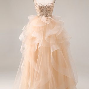 Strapless Corset Ruffled Ball Gown Champagne Prom Dress