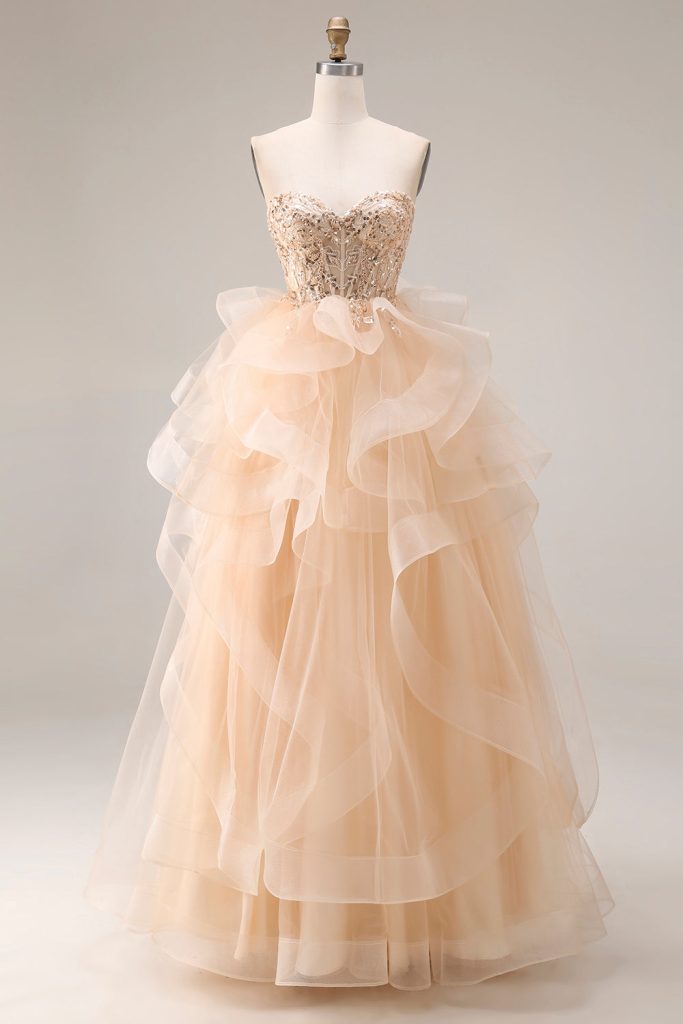 Strapless Corset Ruffled Ball Gown Champagne Prom Dress