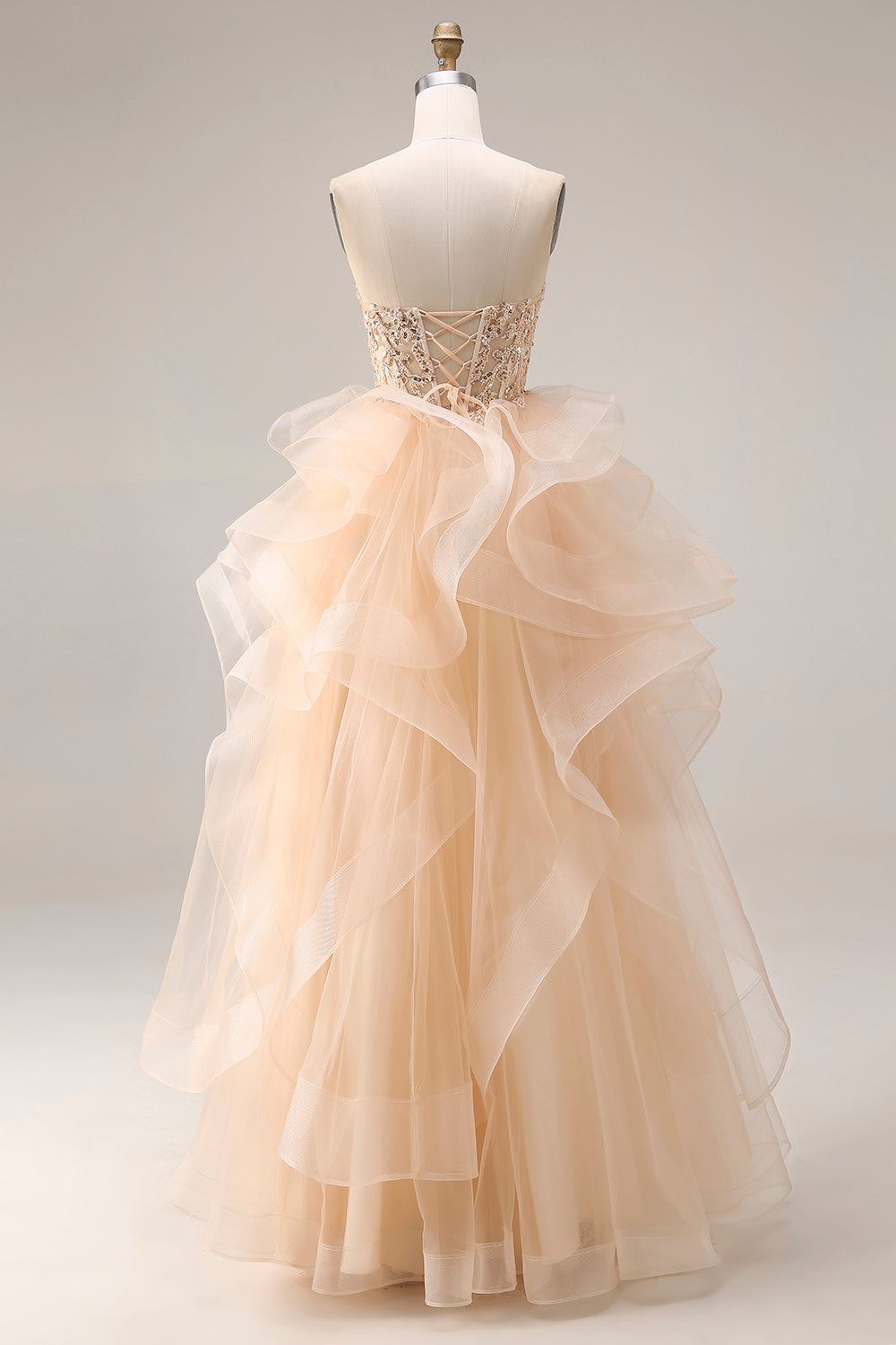 Strapless Corset Ruffled Ball Gown Champagne Prom Dress - Image 2
