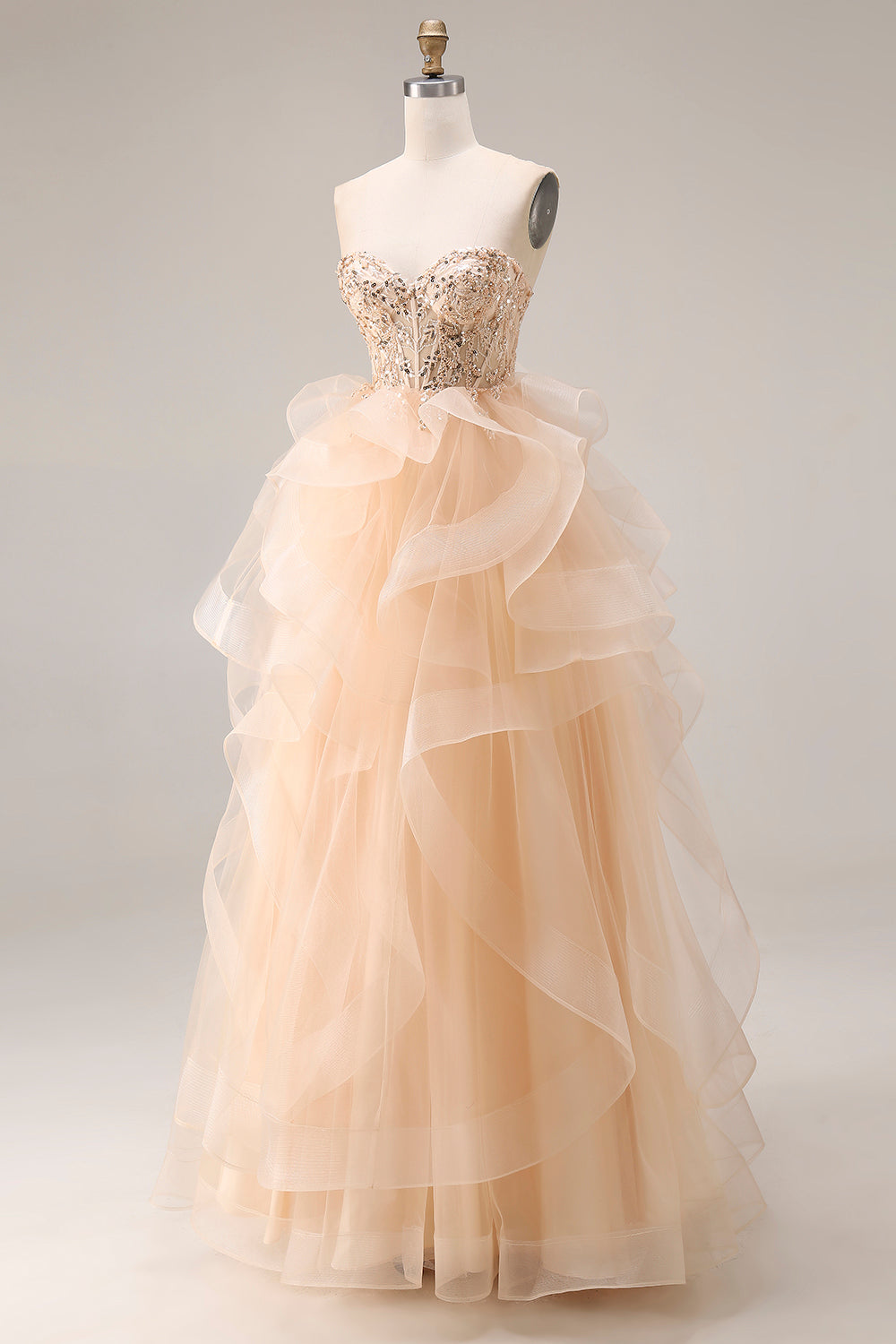 Strapless Corset Ruffled Ball Gown Champagne Prom Dress - Image 3