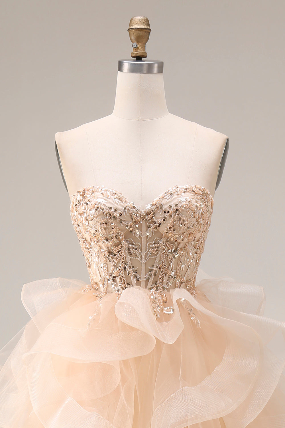Strapless Corset Ruffled Ball Gown Champagne Prom Dress - Image 4