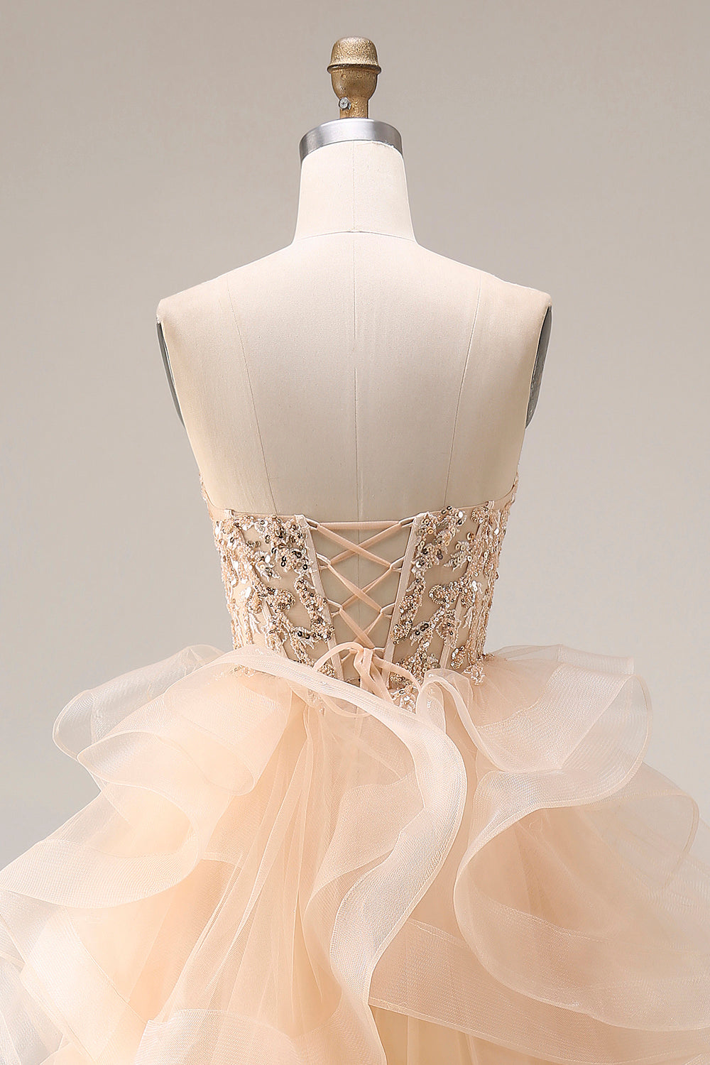 Strapless Corset Ruffled Ball Gown Champagne Prom Dress - Image 5