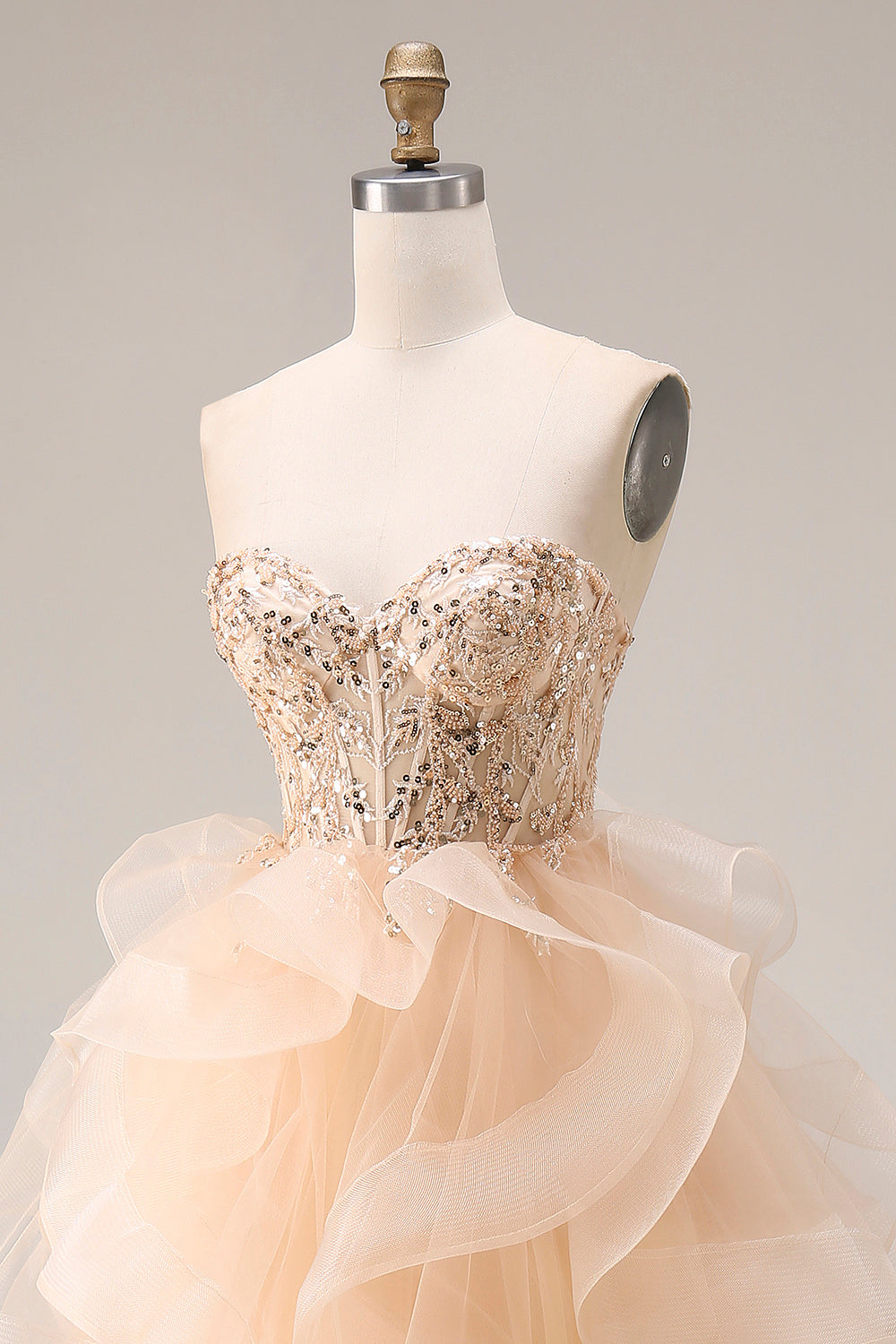 Strapless Corset Ruffled Ball Gown Champagne Prom Dress - Image 6