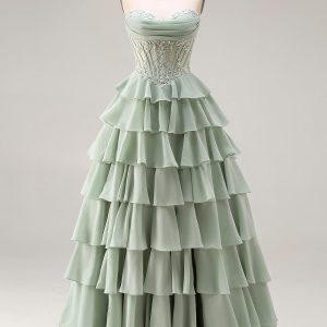Strapless Corset Tiered Dusty Green Appliqued Prom Dress