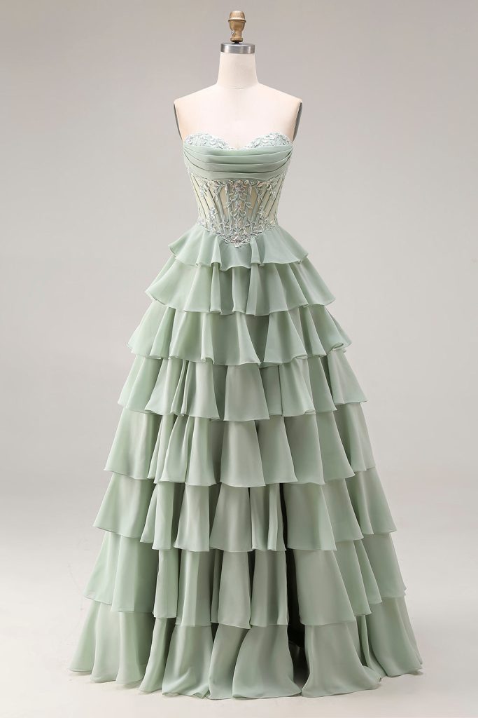 Strapless Corset Tiered Dusty Green Appliqued Prom Dress