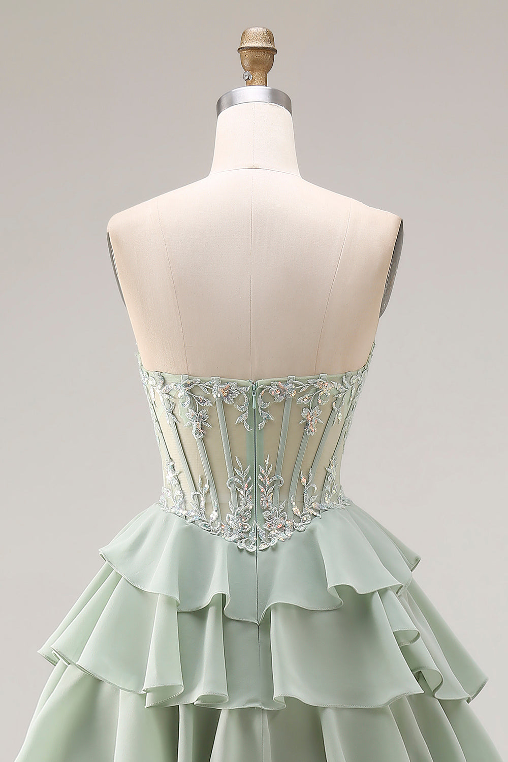 Strapless Corset Tiered Dusty Green Appliqued Prom Dress - Image 5