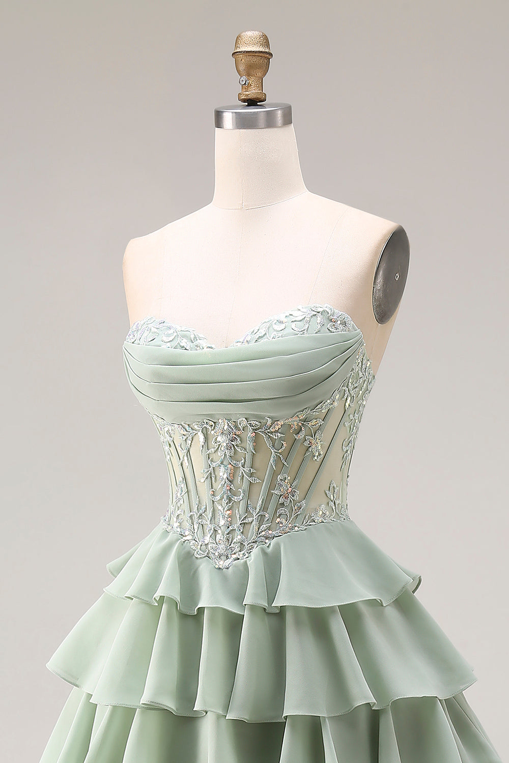 Strapless Corset Tiered Dusty Green Appliqued Prom Dress - Image 6