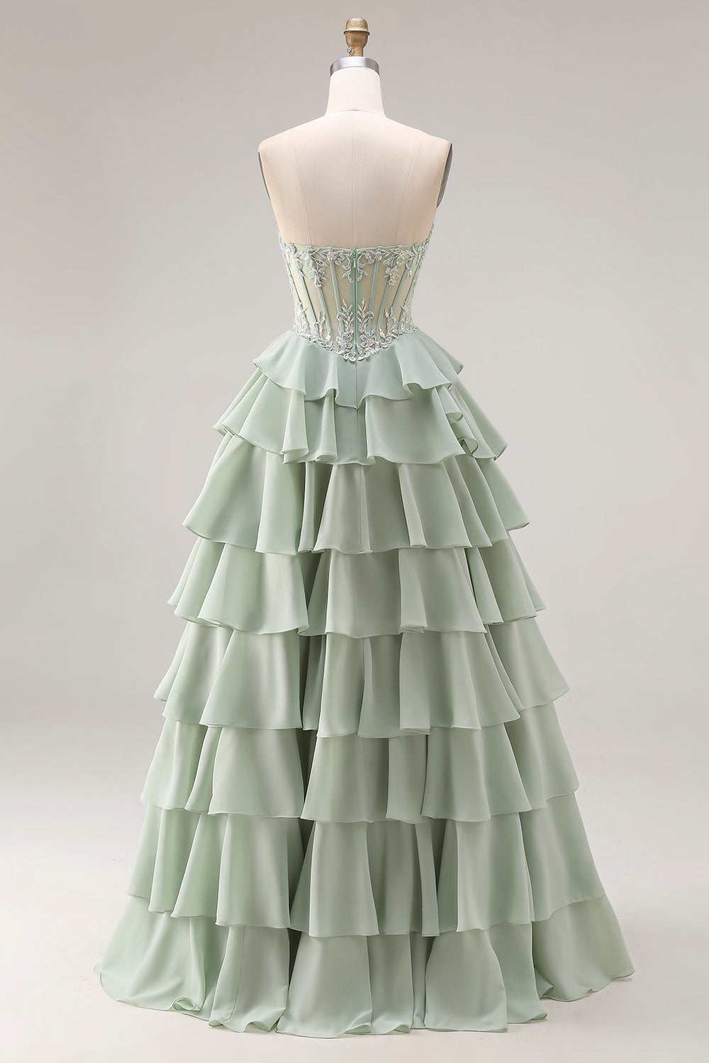 Strapless Corset Tiered Dusty Green Appliqued Prom Dress - Image 2