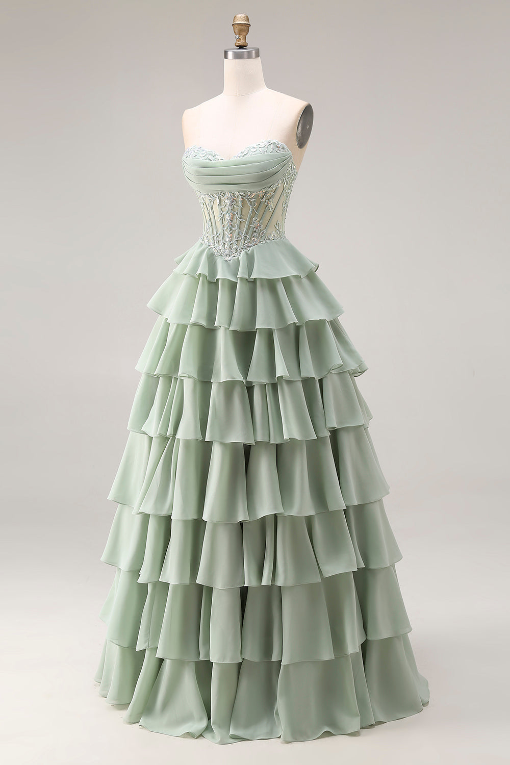 Strapless Corset Tiered Dusty Green Appliqued Prom Dress - Image 3