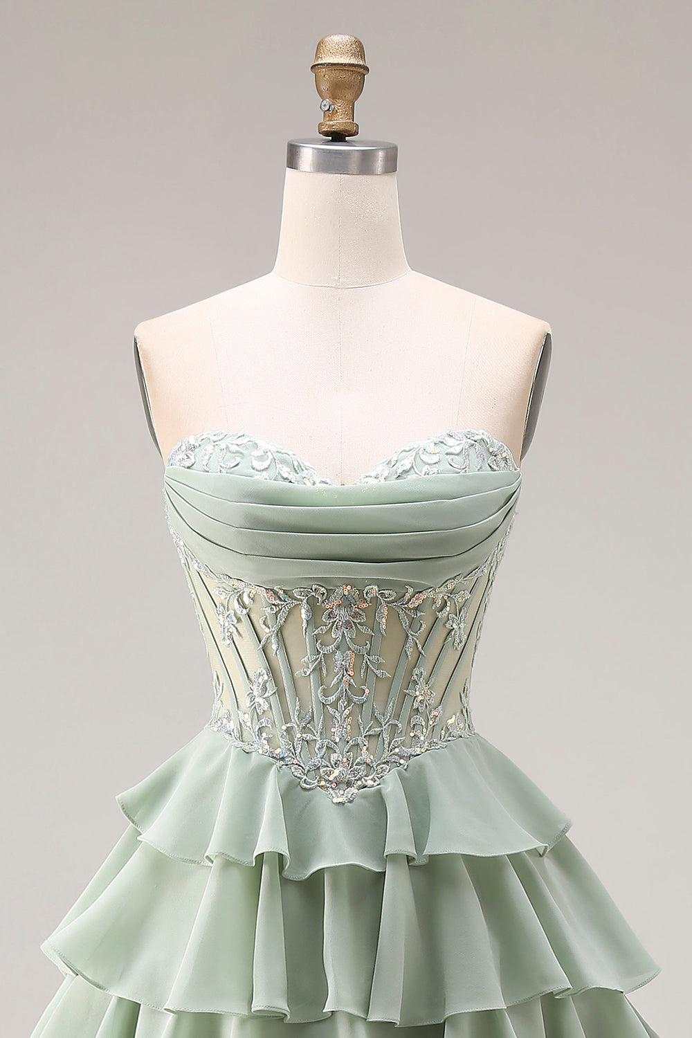 Strapless Corset Tiered Dusty Green Appliqued Prom Dress - Image 4