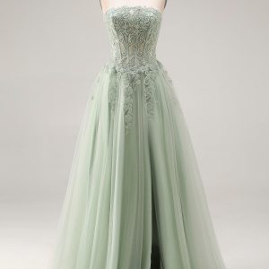 Strapless Corset A Line Dusty Green Appliqued Prom Dress