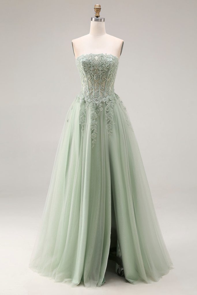Strapless Corset A Line Dusty Green Appliqued Prom Dress