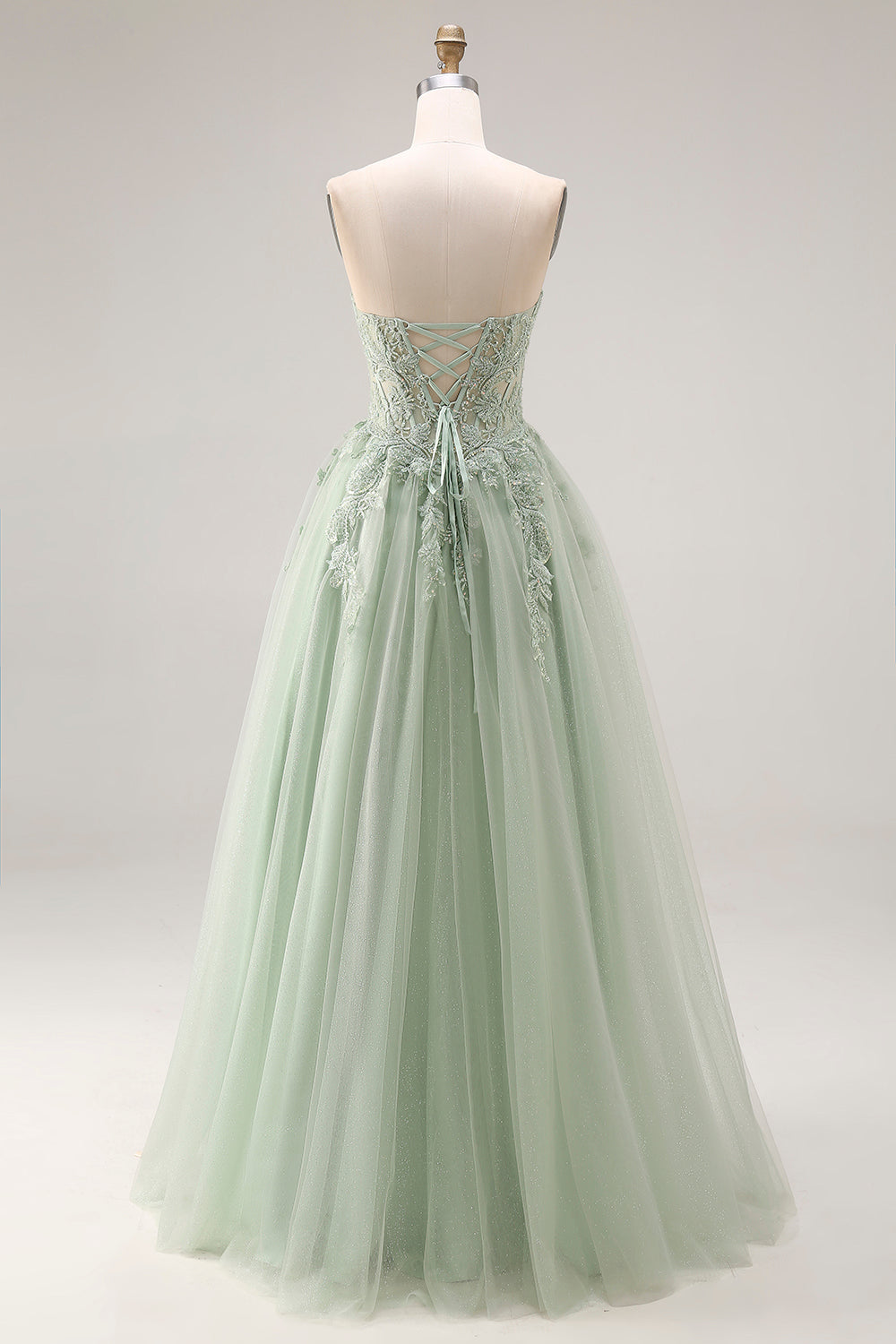 Strapless Corset A Line Dusty Green Appliqued Prom Dress - Image 2