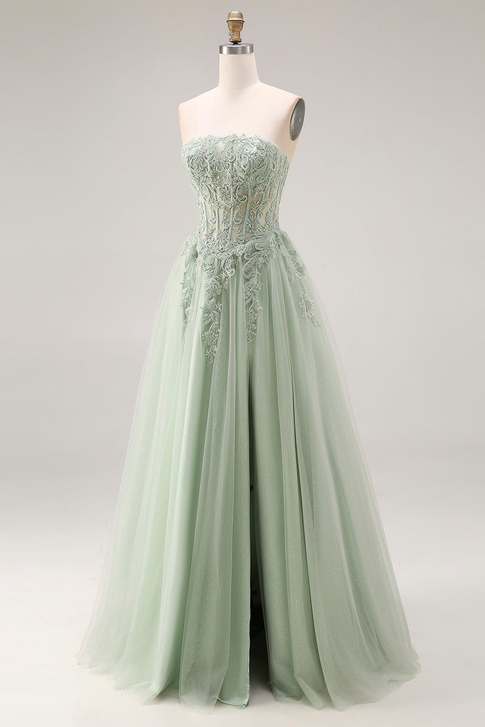 Strapless Corset A Line Dusty Green Appliqued Prom Dress - Image 3