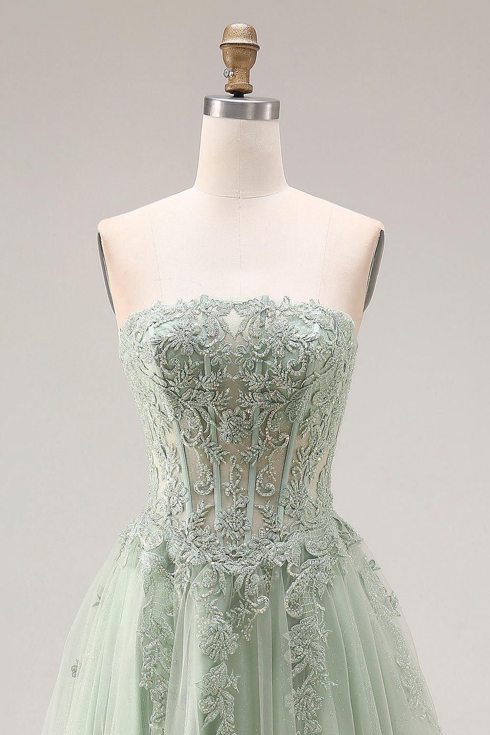 Strapless Corset A Line Dusty Green Appliqued Prom Dress - Image 4