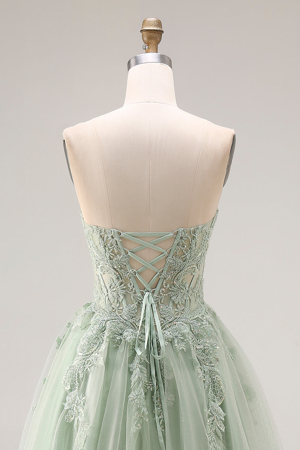 Strapless Corset A Line Dusty Green Appliqued Prom Dress - Image 5